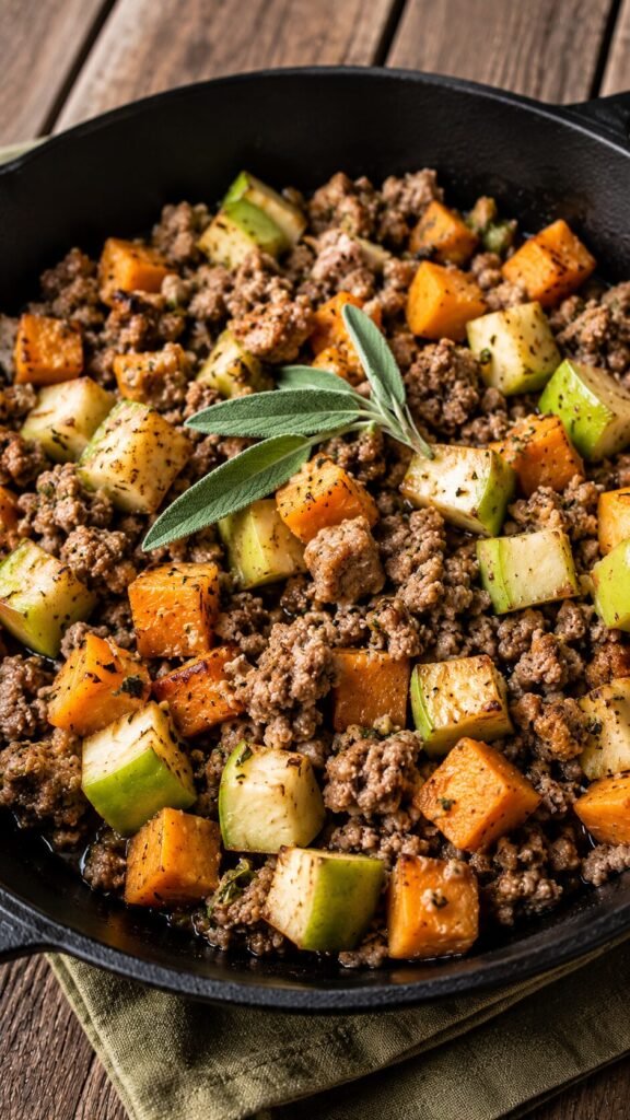 Apple-Sage Pork Skillet: "Savory AIP breakfast pork apple hash with sweet potato cubes and fresh sage leaves in a cast-iron skillet, an egg-free morning meal."