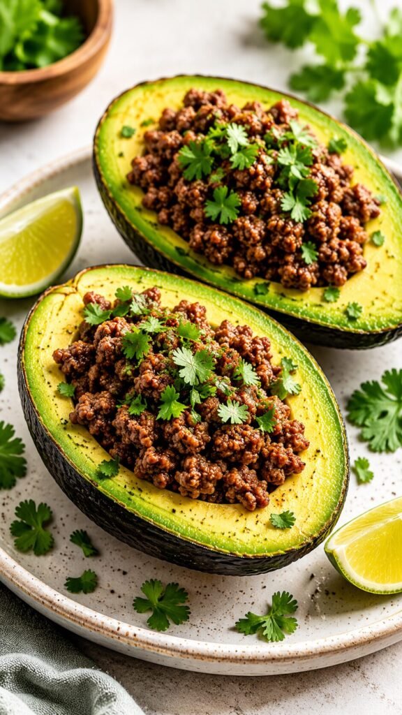 Beef Avocado Boats: "Top-down view of two ripe avocado halves stuffed with seasoned ground beef and garnished with fresh green cilantro on a white plate."