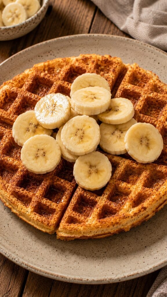 Crispy Coconut Waffles: "Crispy grain-free coconut flour waffles made in a waffle iron, topped with fresh sliced bananas, a strict AIP breakfast treat."