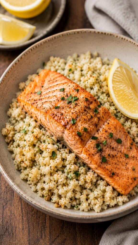 Salmon Cauliflower Rice: "A crispy pan-seared wild salmon fillet resting on a bed of fluffy, sautéed cauliflower rice with a fresh lemon wedge on the side."