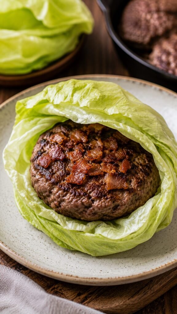 Beef Bacon Burgers: "Two juicy beef burger patties mixed with chopped bacon, wrapped tightly inside crisp, vibrant green iceberg lettuce leaves."