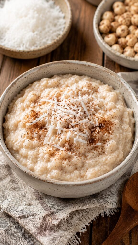 Vanilla-Coconut N'Oatmeal: "Creamy vanilla coconut n'oatmeal porridge made from shredded coconut and tigernut flour in a small ceramic bowl, oatmeal alternative."