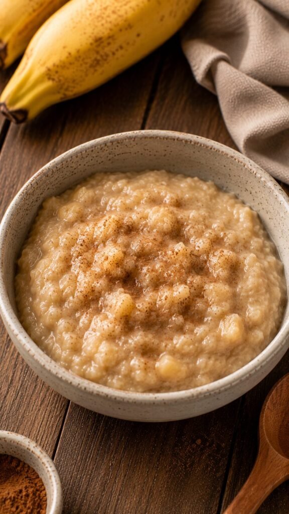 Banana-Cinnamon Warm Mash: "Warm grain-free banana cinnamon mash porridge bowl topped with a light dust of cinnamon, a 5-minute quick AIP breakfast."