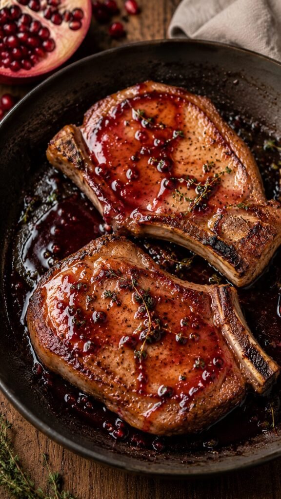 Pomegranate Glazed Pork Chops: "Two thick bone-in pork chops drizzled with a rich, dark red pomegranate and fresh thyme reduction glaze."