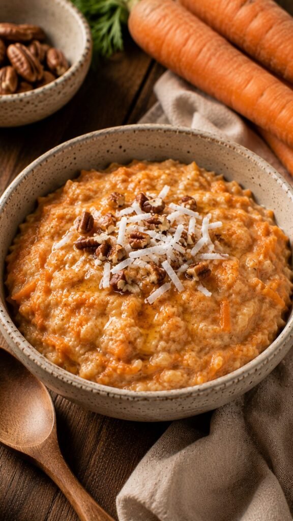 Carrot Cake N'Oatmeal Bowl: "Cozy AIP carrot cake n'oatmeal made with finely grated carrots, coconut milk, and a drizzle of pure maple syrup, a hot breakfast."