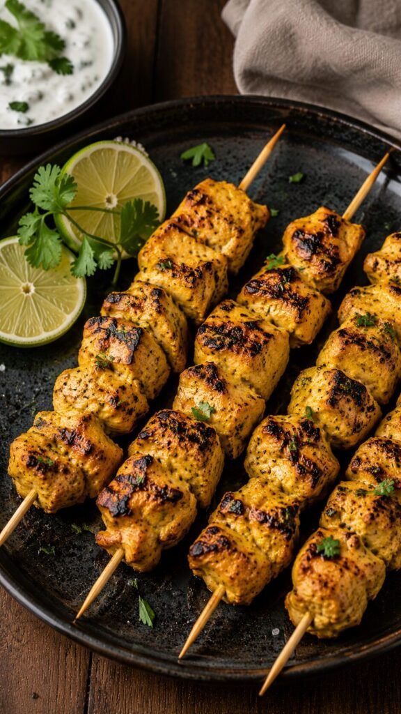Turmeric Chicken Skewers: "Three grilled wooden chicken skewers, vibrant yellow from turmeric marinade, showing light char marks on a clean background."