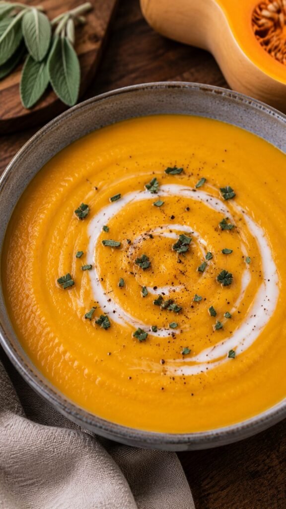 Butternut Squash Soup: "A smooth, velvety orange butternut squash soup served in a ceramic bowl, garnished with a single fresh sage leaf."