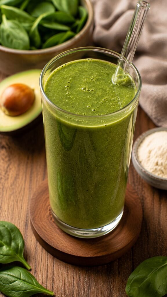 The Ultimate Gut-Loving Green Smoothie: "Vibrant green anti-inflammatory AIP smoothie with fresh spinach, avocado, and beef collagen peptides in a clear glass with a straw."