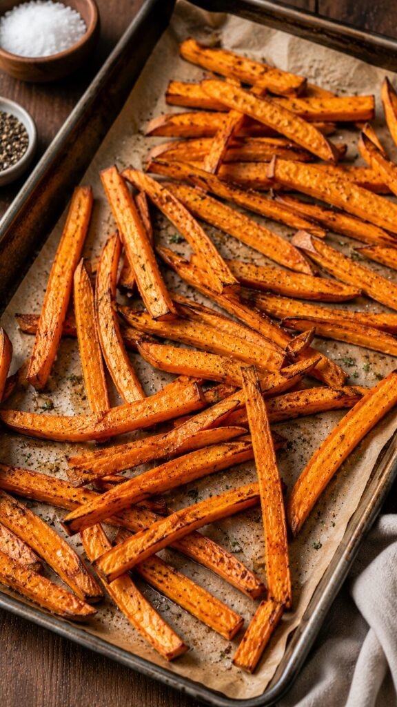 Sweet Potato Fries: "Crispy, oven-baked sweet potato matchstick fries lightly tossed in sea salt, piled high on a serving board."