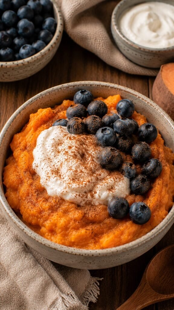 Sweet Potato Oatmeal-Alternative Bowl: "Warm mashed sweet potato breakfast bowl topped with cold coconut yogurt, fresh blueberries, and a dust of ground cinnamon."