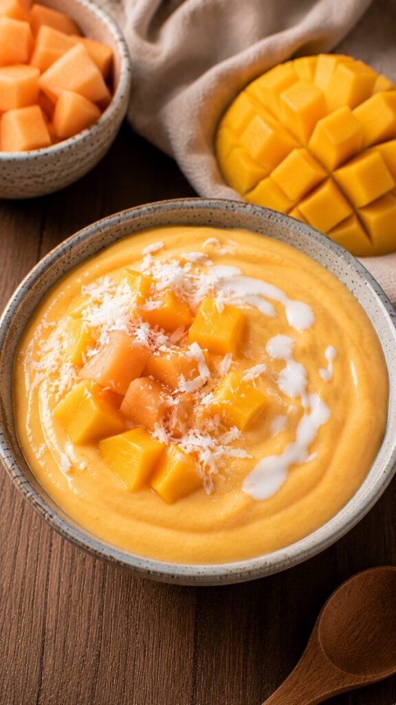 Mango-Cantaloupe Lassi Bowl: "Thick dairy-free mango cantaloupe lassi smoothie bowl blended with rich coconut cream, a refreshing allergen-free breakfast."