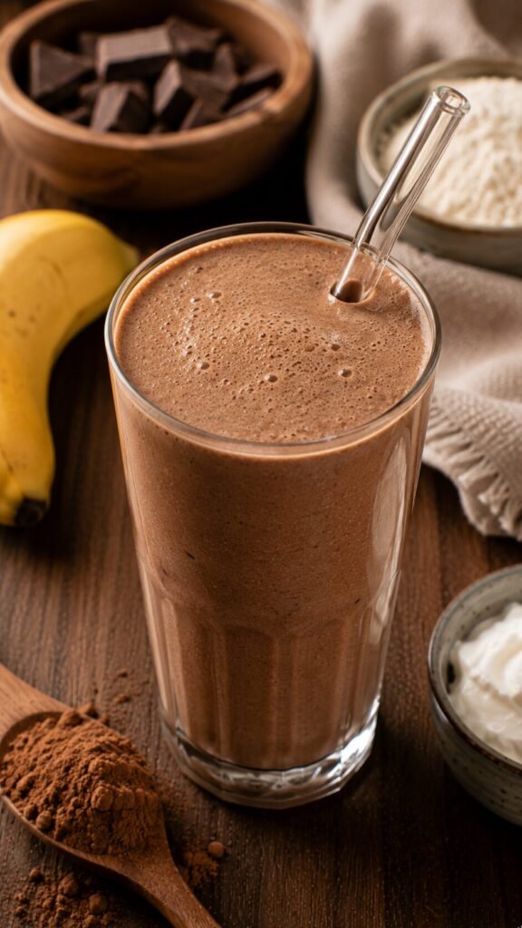Creamy Carob Smoothie Shake: "Frosty carob chocolate alternative breakfast smoothie made with a frozen banana, coconut cream, and grass-fed collagen peptides."