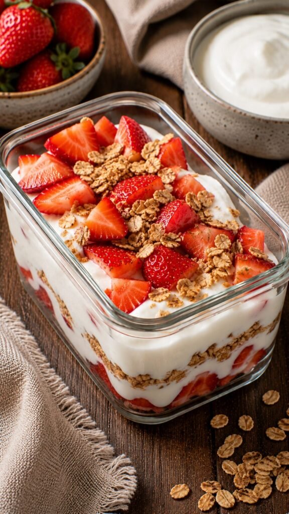 Coconut Yogurt Berry Parfait Box: "Meal prep glass container filled with unsweetened coconut yogurt, sliced fresh strawberries, and crunchy tigernut flakes."