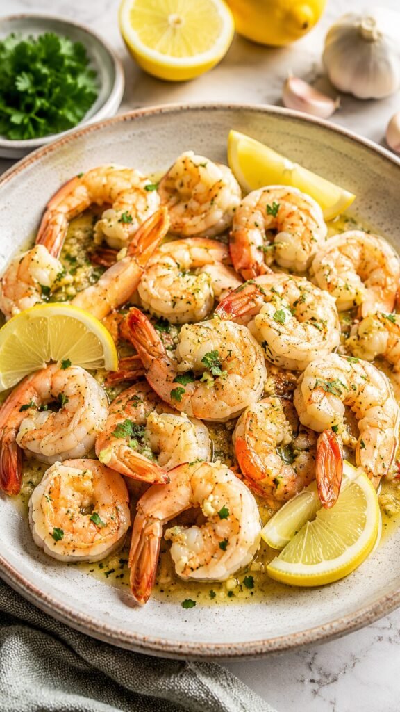 Lemon Garlic Shrimp: "Close-up of pink, juicy shrimp sautéed in olive oil with minced garlic, fresh lemon slices, and parsley in a black cast-iron skillet."