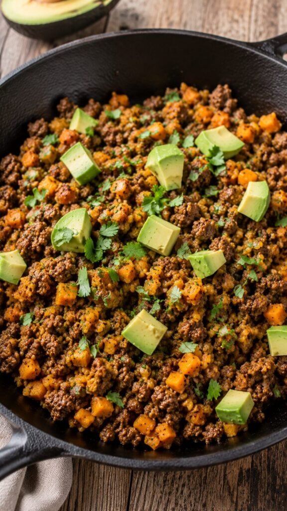 Mexican-Inspired Beef Taco Hash: "Autoimmune protocol taco beef breakfast hash mixed with riced sweet potatoes, sliced fresh avocado, and green cilantro on a white plate."