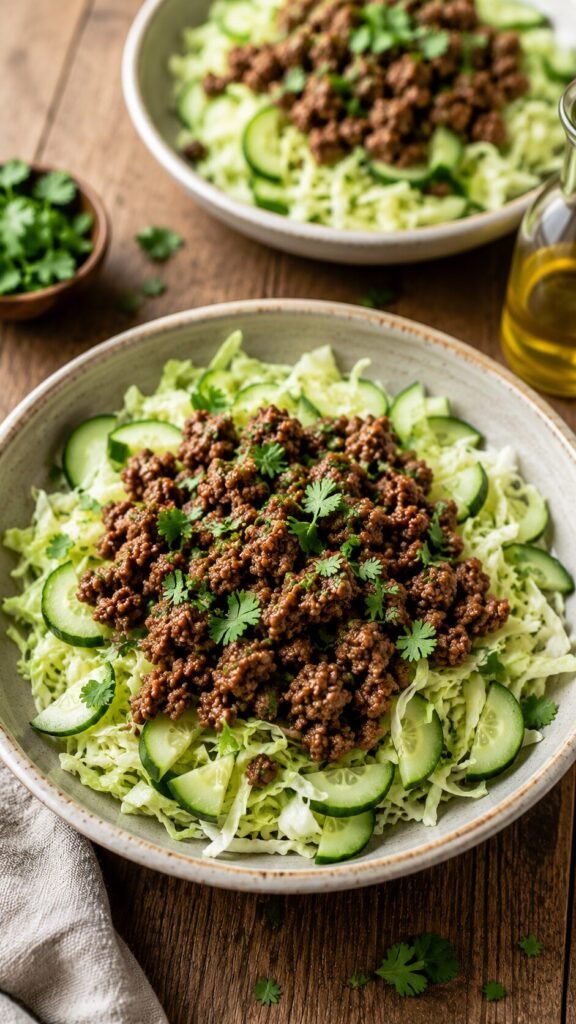 AIP Taco Bowl: "A vibrant meal prep bowl filled with shredded green cabbage, sliced crisp cucumbers, and seasoned taco ground beef."