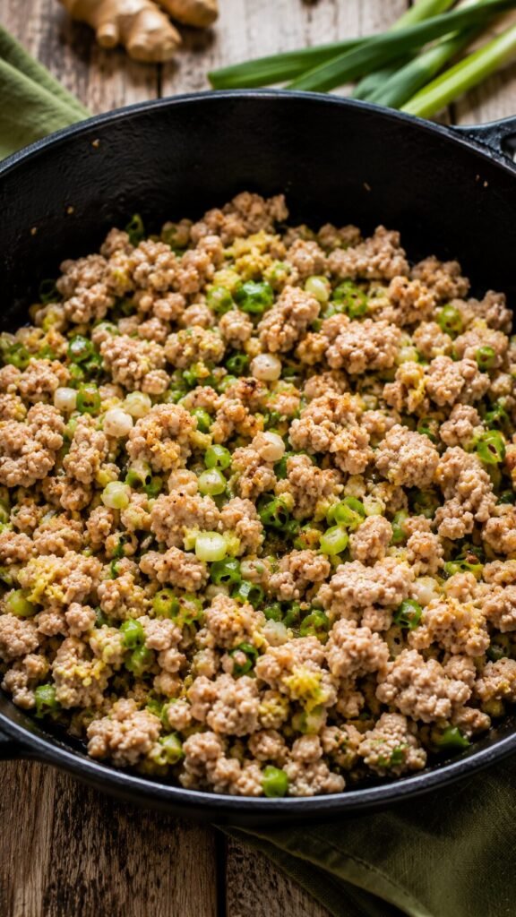 Ginger-Green Onion Turkey Skillet: "Quick AIP breakfast turkey skillet sautéed with grated fresh ginger and chopped green onions, a nightshade-free morning protein."