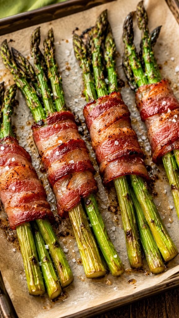 Bacon-Wrapped Asparagus Bundles: "Crispy sugar-free bacon wrapped around fresh green asparagus spears on a parchment-lined baking sheet, a low carb AIP side."