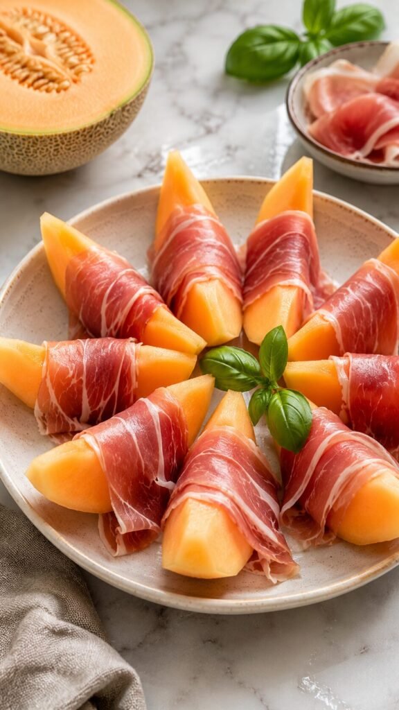 Prosciutto Wrapped Melon: "A minimalist platter showcasing ripe orange cantaloupe wedges wrapped in thin, savory slices of cured prosciutto."