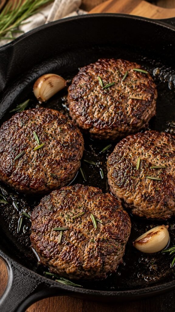 Garlic-Herb Beef Patties: "Pan-seared garlic herb beef breakfast patties seasoned with fresh rosemary and sea salt, a thyroid-safe elimination phase protein."