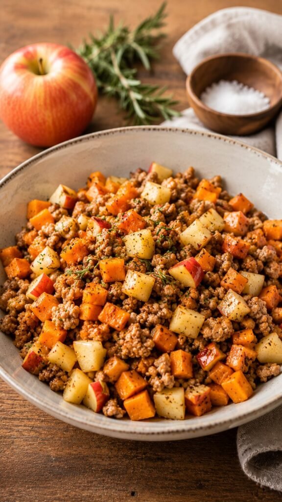 Pork Apple Hash: "A rustic breakfast skillet featuring browned ground pork, finely diced sweet potatoes, and soft apple chunks seasoned with fresh rosemary."