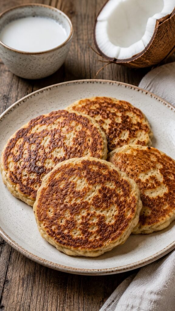 Coconut Cassava Pancakes: "A stack of golden-brown, grain-free pancakes made from cassava flour, topped with sliced bananas and shredded coconut."