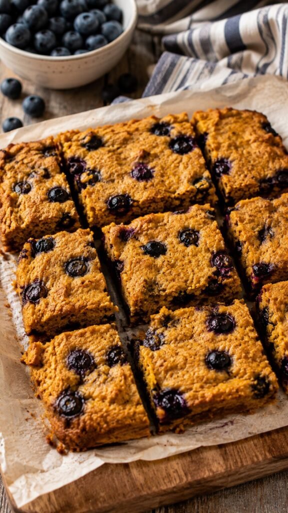 Pumpkin Blueberry Breakfast Bars: "Grain-free pumpkin blueberry breakfast bars made with coconut flour, cut into squares on a cooling rack, a quick AIP snack."