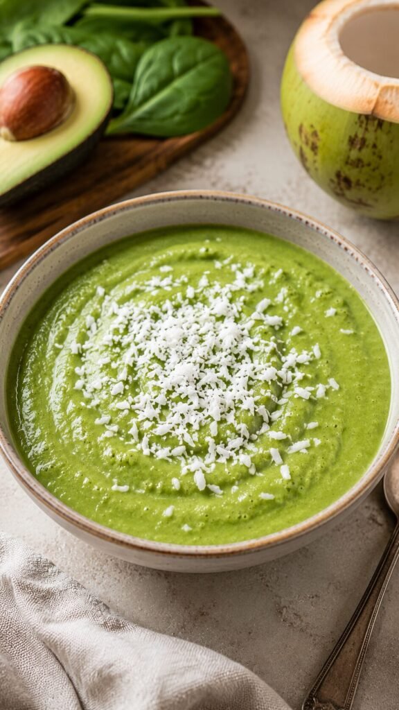 Green Smoothie Bowl: "A thick, vibrant green spinach and avocado smoothie in a wooden bowl, neatly topped with a line of unsweetened shredded coconut."