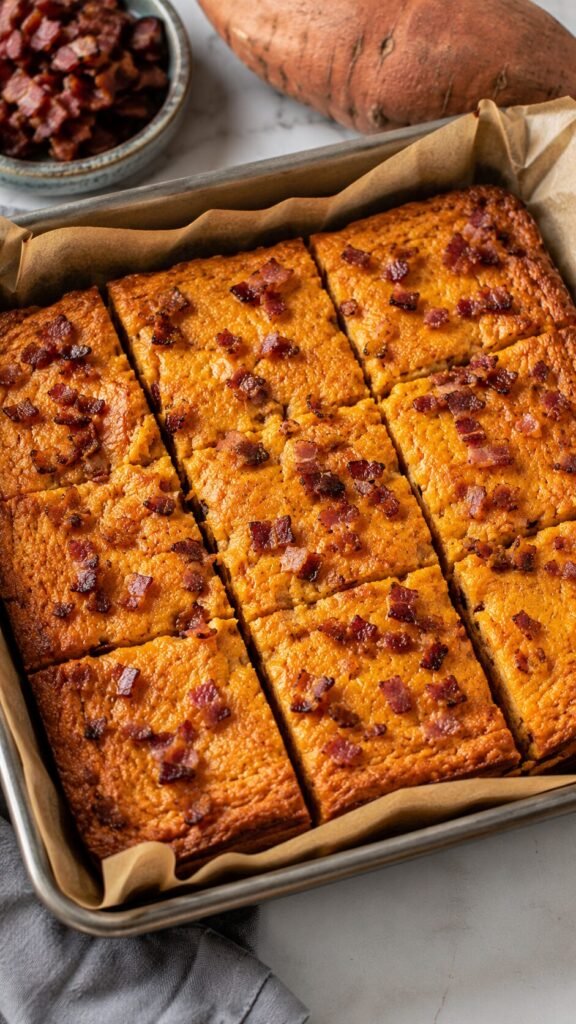 Sweet Potato Bacon Bars: "Savory sweet potato bacon breakfast bars packed with collagen peptides and crispy bacon bits, a meal prep friendly AIP recipe."