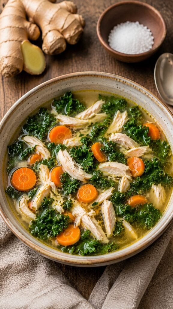 Chicken Ginger Soup: "A comforting bowl of steaming chicken bone broth soup filled with shredded chicken breast, sliced orange carrots, and bright green kale."