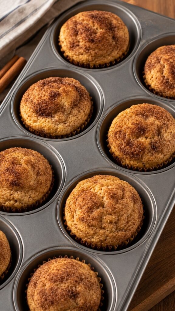 Cinnamon Cassava Muffins: "Fluffy allergen-free cinnamon cassava flour muffins sitting inside a metal muffin tin, a comforting grain-free morning pastry."
