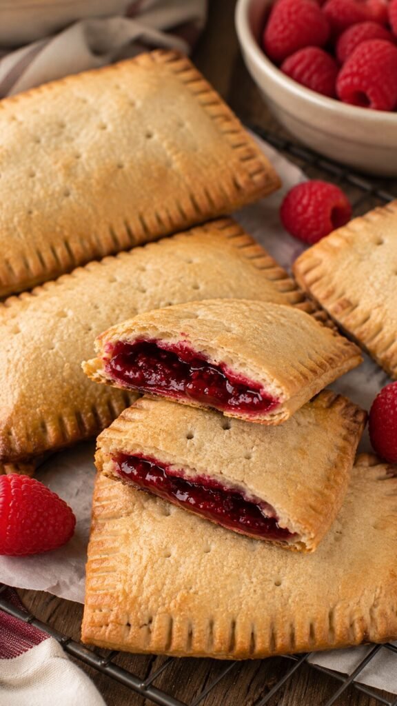 Raspberry-Filled Breakfast Pastry: "Golden-baked AIP raspberry toaster pastries made with cassava dough and real fruit filling, a dairy-free breakfast option."