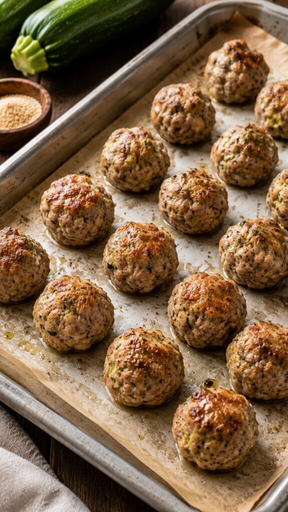 Turkey Zucchini Poppers: "A tray of golden-brown, baked turkey and grated zucchini meatball poppers arranged neatly on white parchment paper."
