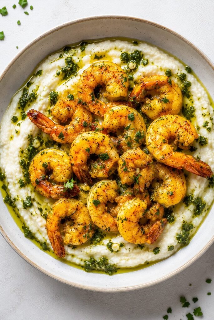 Garlic Turmeric Shrimp over Cauliflower Mash
