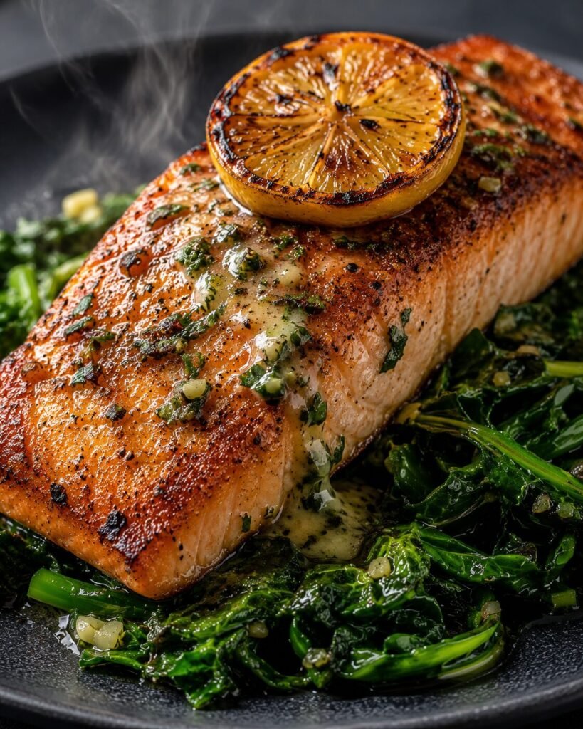 Herbed Lemon Salmon over Steam-Sizzled Greens